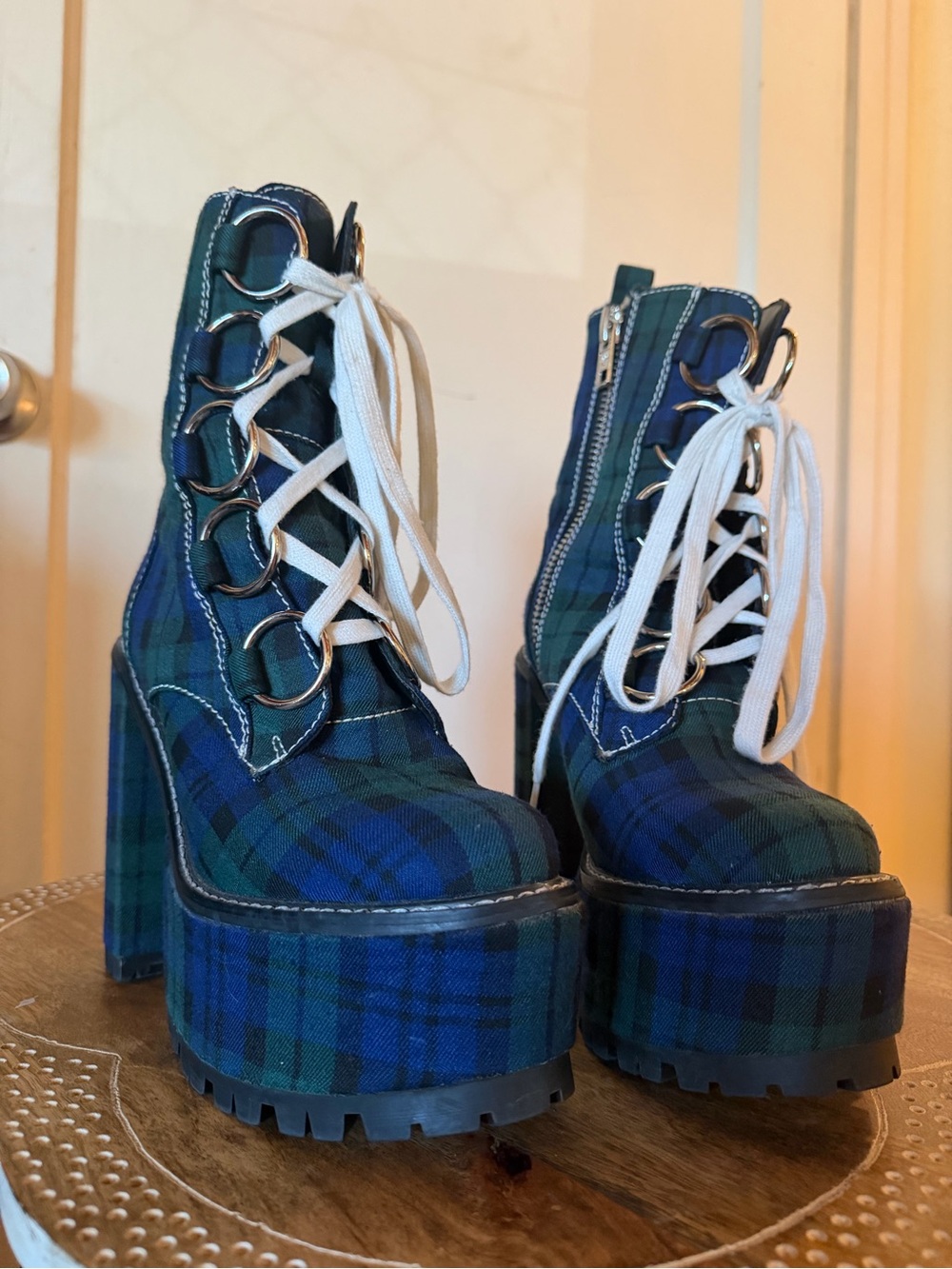 Dolls Kill Current Mood Sikk Nancy Tartan Plaid Platform Ankle O-Ring Boots - Picture 3 of 15